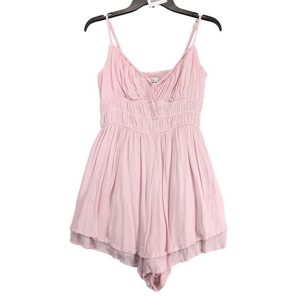 Hollister Pants - Hollister Pink Smocked Babydoll Romper Sz M Tie Front Lined Pockets Y2K Coquette